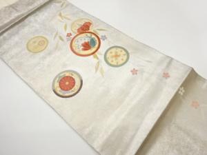 引箔丸文に蝶・花々模様織出し名古屋帯